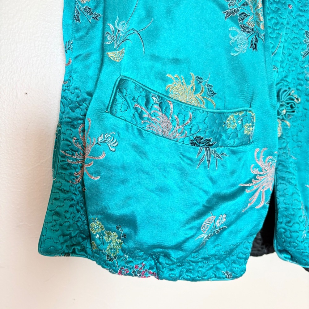 Vintage Reversible Satin Chinese Jacket Teal Black Embroidered Frog‎ Buttons - Picture 7 of 16